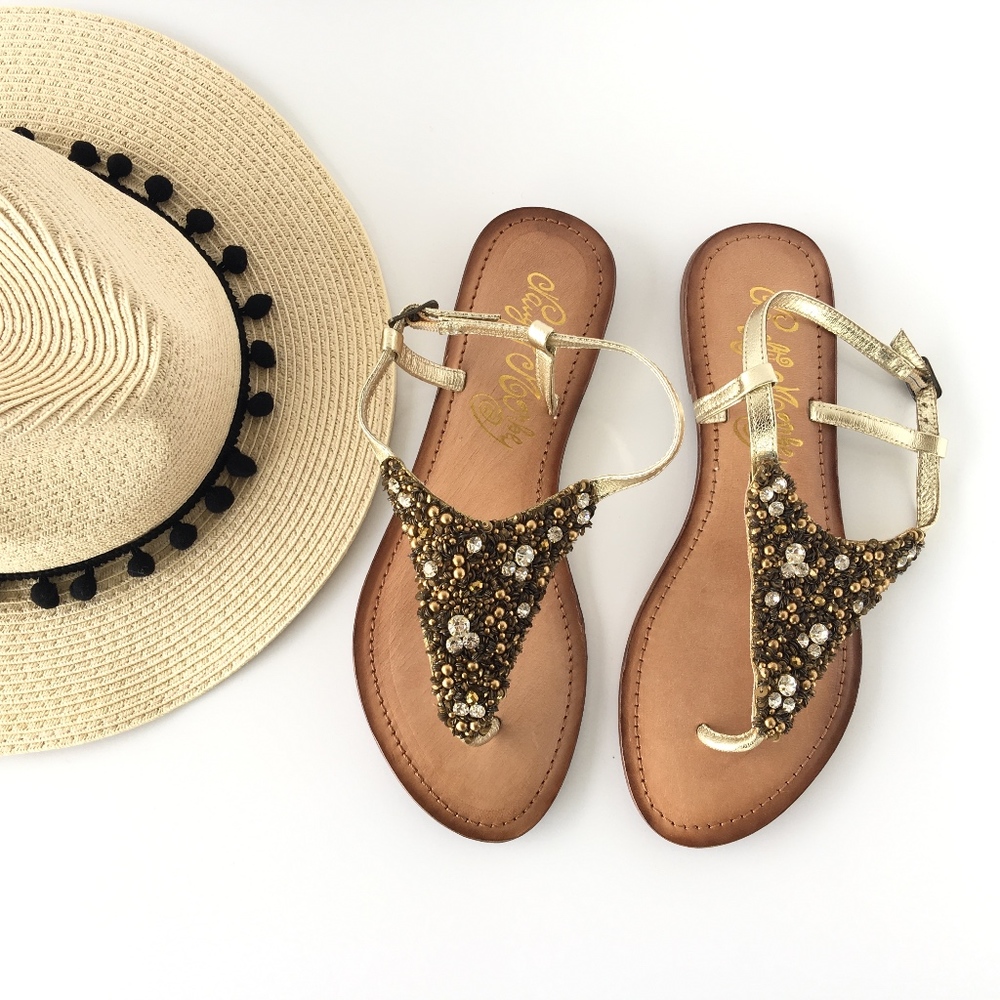 Naughty Monkey Brown Gold Jeweled Beaded Sandals